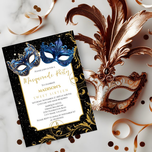 Convites Festa de Mascarada de aniversário azul Dourada (Celebrate a birthday with an elegant masquerade ball by inviting your guests with this invitation.)