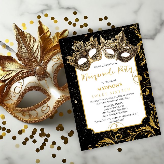 Convites Festa de Mascarada de aniversário Dourada (Celebrate sweet 16 or other birthday age by inviting your guests with this elegant masquerade invite)