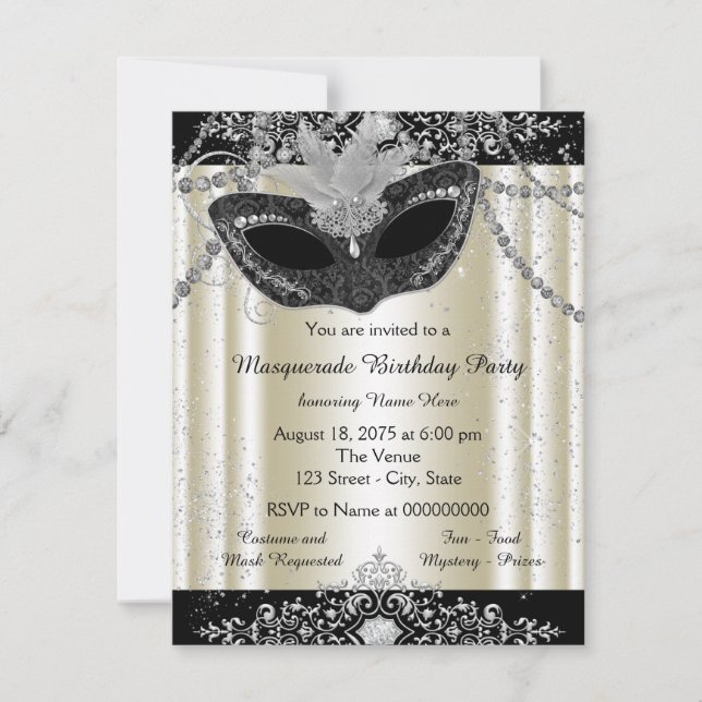 Convites Festa de Mascarada de marfim e pérolas negras (Frente)