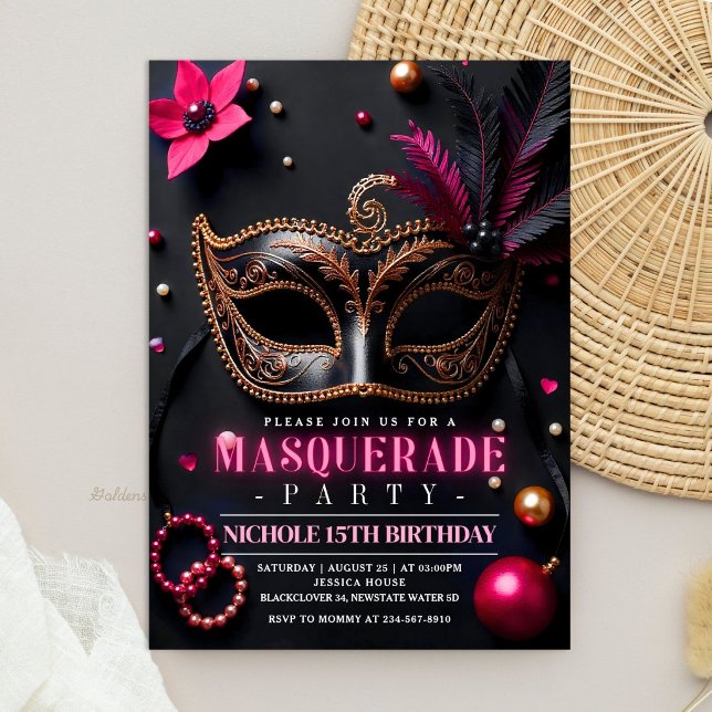 Convites Festa de Mascarada Elegante Preto Rosa (Masquerade Elegant Black Pink Party Invitation)