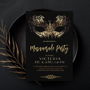 Convites Festa de Mascarada Luxo Preto Dourado Aniversário