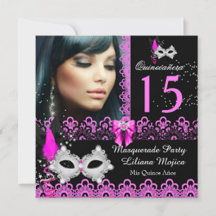 Convites Festa de Mascarada Quinceanera Rosa Quente em Rend