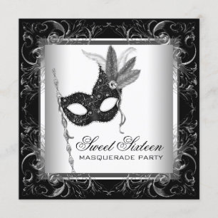 Convites Festa de Mascarada Sweet 16 Preto Prata Branco