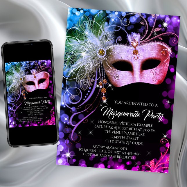 Convites Festa de Máscaras Arco-íris Turquesa Roxo (Rainbow masquerade party invitation with jewel mask on rainbow back. Any event masquerade party.)