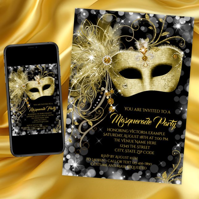 Convites Festa de Máscaras Brilhante em Ouro Preto (Elegant black and gold masquerade party invitation with gold jewel mask. Instant download and print.)