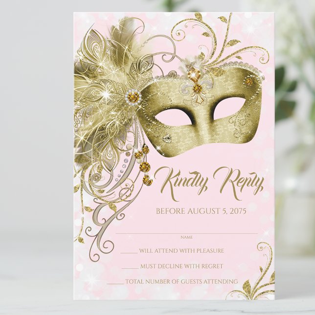 Convites Festa de Máscaras Brilho Dourado Rosa (Pretty pink gold masquerade party RSVP. You can change the text.)