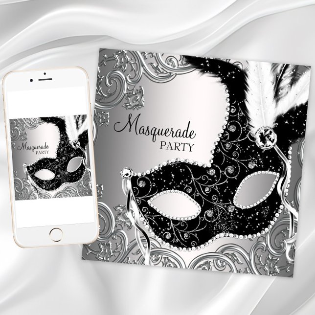 Convites Festa de Máscaras Carnaval Máscara Preta Prata (Pretty masquerade party invitation for any occasion. Download and printed invitations available.)