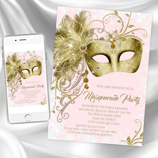 Convites Festa de Máscaras com Brilho de Ouro Rosa (Pink gold masquerade party invitation. Instant download and printed invitations available. )