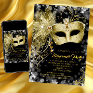 Convites Festa de Máscaras com Brilho Dourado Preto Chique