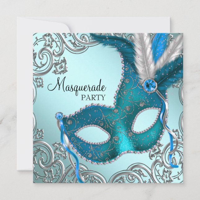 Convites Festa de Máscaras com Máscara Azul Turquesa e Prat (Frente)