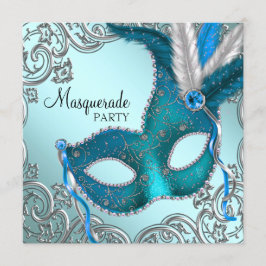 Convites Festa de Máscaras com Máscara Azul Turquesa e Prat