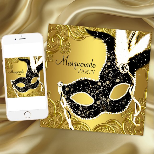 Convites Festa de Máscaras com Máscara Preta e Dourada (Any occasion masquerade party invitation. Instant download and printed invitations available.)