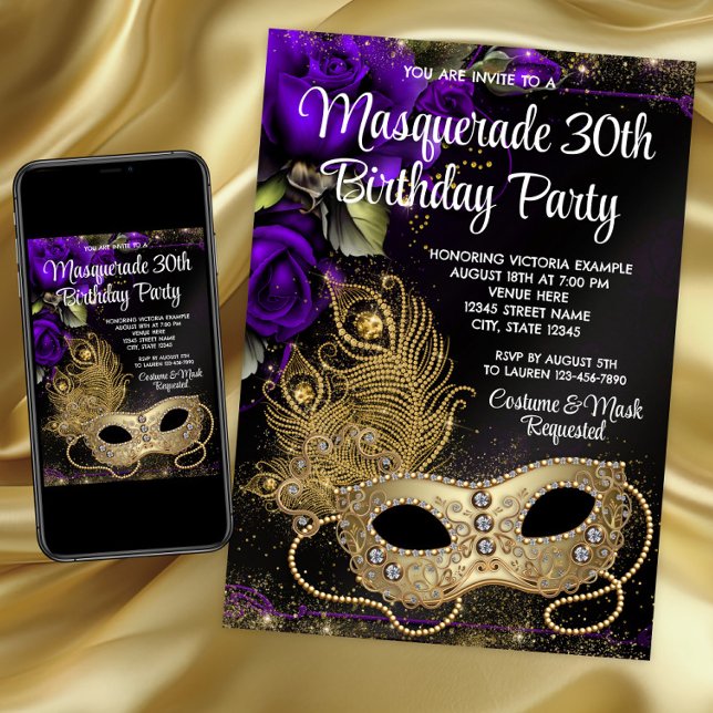 Convites Festa de Máscaras do Ouro Roxo (Purple and gold masquerade party and event invitation. Any number birthday. Download and printed.)