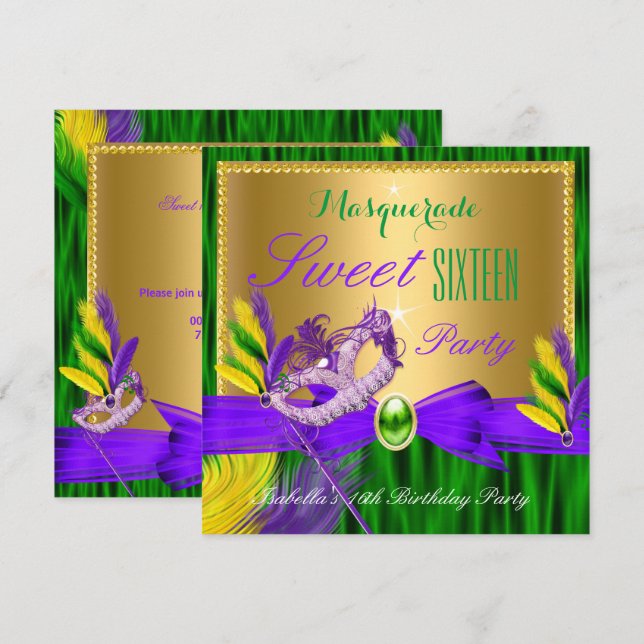 Convites Festa de Máscaras Doce 16 Roxo Verde Dourado (Frente/Verso)