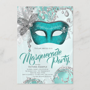 Convites Festa de Máscaras dos 16 Anos Azul Turquesa Pratea
