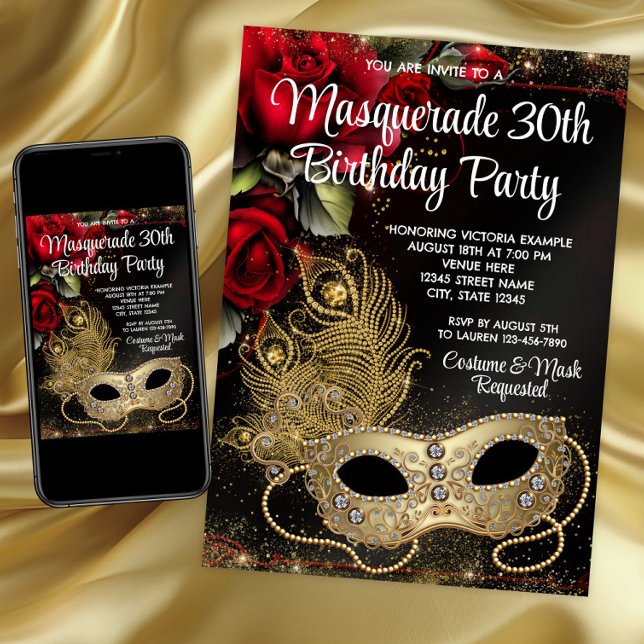 Convites Festa de Máscaras Dourada Vermelha (Red Gold Masquerade Party Invitation. Masquerade any number invitation and event. Digital and print.)