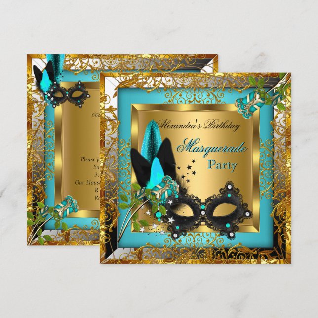 Convites Festa de Máscaras Dourado Azul Turquesa Máscara Pr (Frente/Verso)
