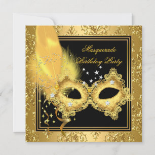 Convites Festa de Máscaras Dourado Damasco Preto Amarelo Má
