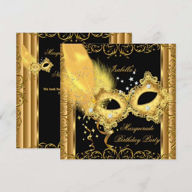 Convites Festa de Máscaras Dourado Preto Amarelo Máscara (Frente/Verso)