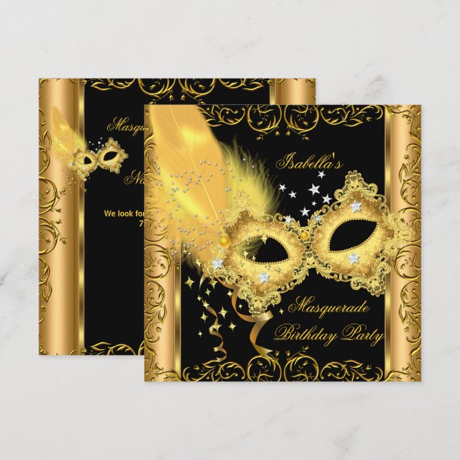 Convites Festa de Máscaras Dourado Preto Amarelo Máscara 2 (Frente/Verso)