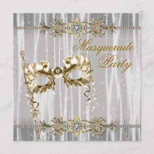 Convites Festa de Máscaras Dourado Preto Branco