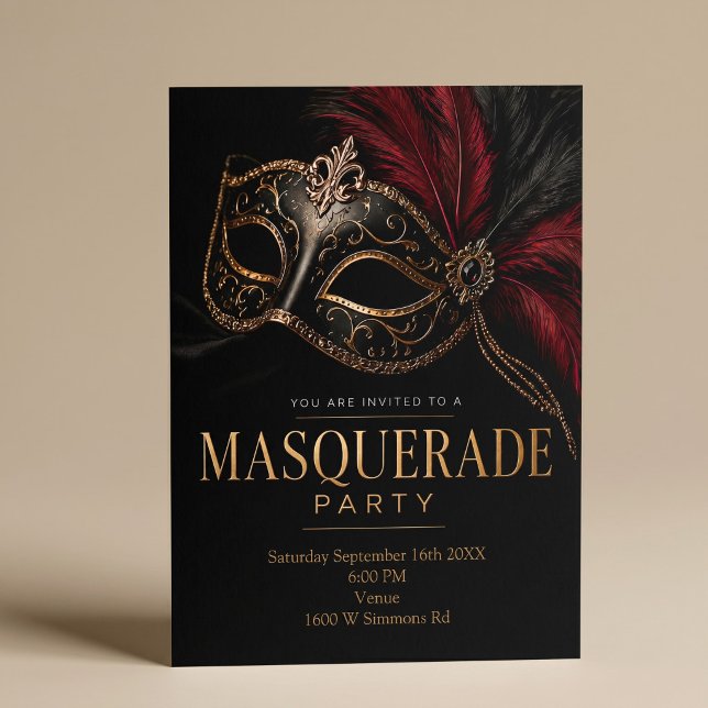 Convites Festa de Máscaras Elegante Preto e Dourado (Criador carregado)