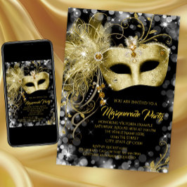 Convites Festa de Máscaras Elegante Preto e Dourado Brilhan