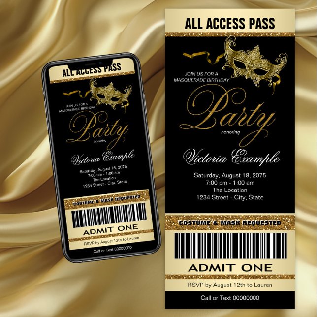 Convites Festa de Máscaras Estilo Ingresso Ouro Preto (Black gold masquerade party invitation. Instant download and printed invitations available.)