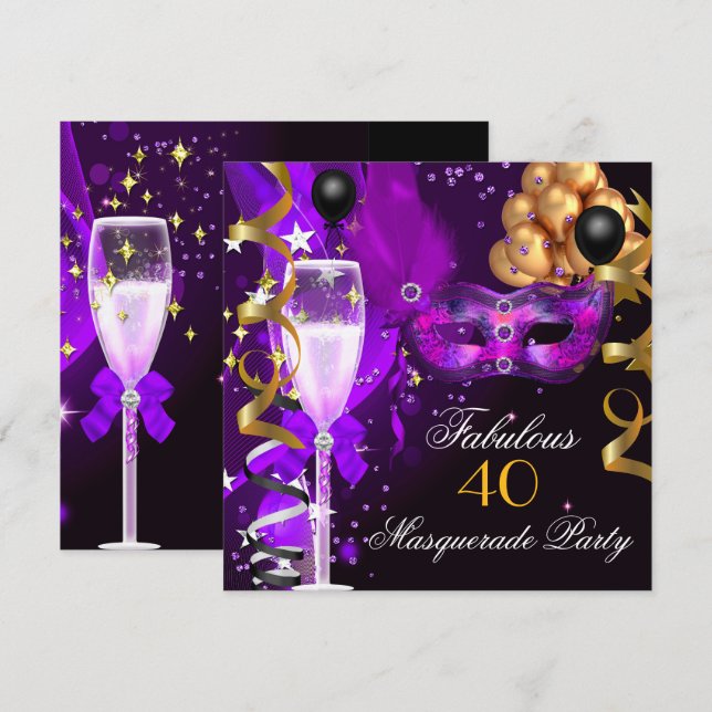 Convites Festa de Máscaras Fabuloso Roxo Dourado Preto (Frente/Verso)