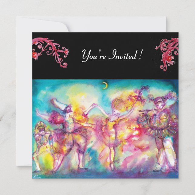 Convites FESTA DE MÁSCARAS,flores vermelhas (Frente)