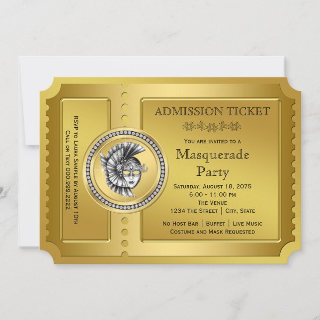 Convites Festa de Máscaras Golden Ticket Gold (Frente)
