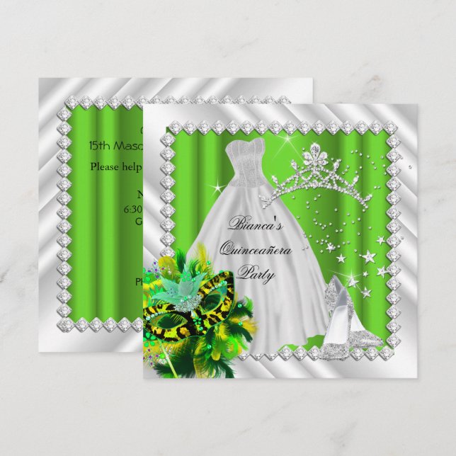 Convites Festa de Máscaras Lime Green Quinceanera 15 Anos (Frente/Verso)