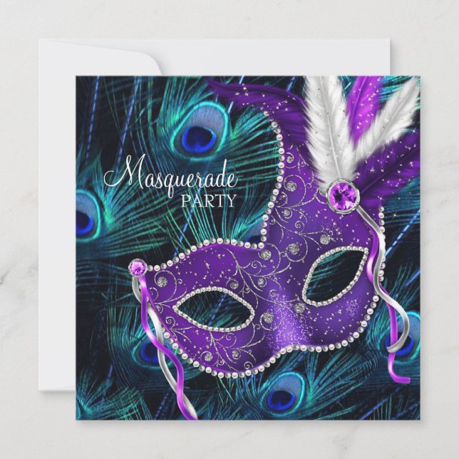 Convites Festa de Máscaras Pavão Azul Turquesa Roxo (Frente)