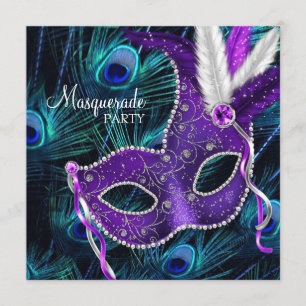 Convites Festa de Máscaras Pavão Azul Turquesa Roxo