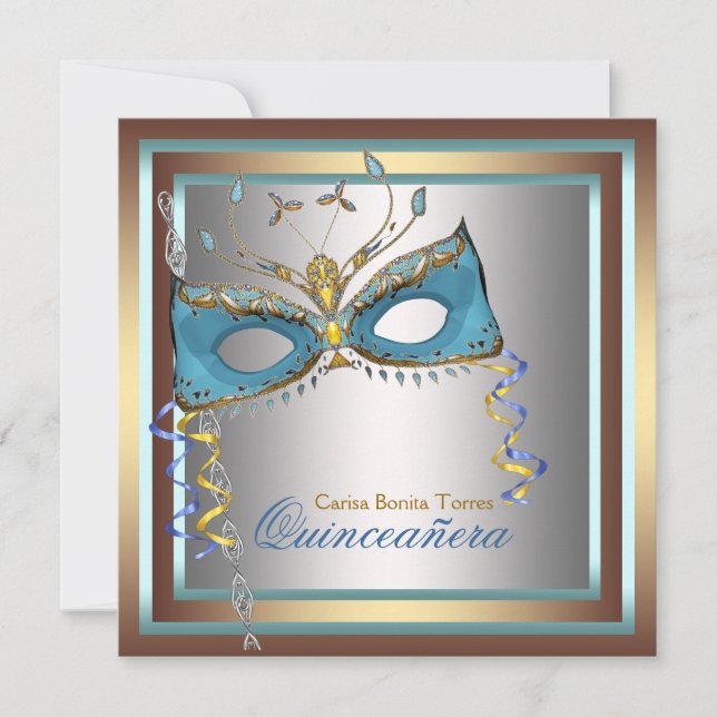 Convites Festa de Máscaras Prata Dourado Turquesa (Frente)