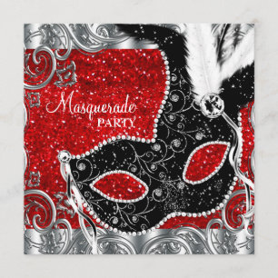 Convites Festa de Máscaras Prata Vermelho e Máscara Preta