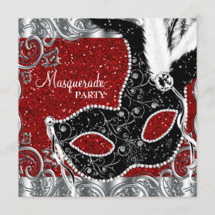 Convites Festa de Máscaras Prata Vermelho e Máscara Preta