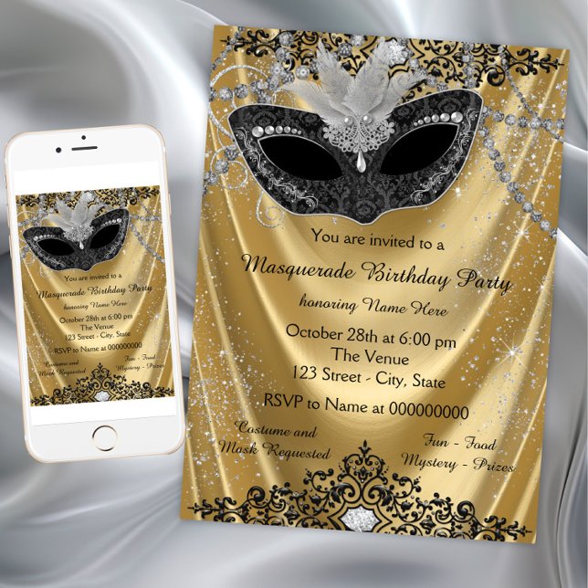 Convites Festa de Máscaras Preta e Dourada Luxuosa (Elegant any occasion black gold masquerade party invitation. Simply add your event details.)