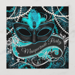 Convites Festa de Máscaras Preto e Azul Turquesa