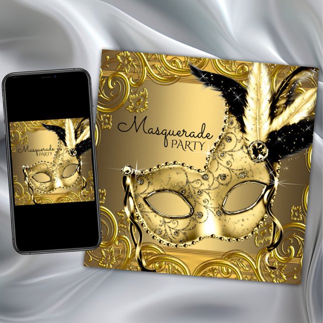 Convites Festa de Máscaras Preto e Dourado (Black and gold masquerade party invitation with beautiful gold mask on a gold swirl background.)