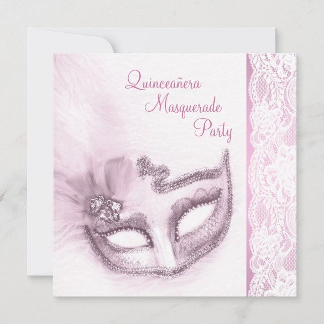 Convites Festa de Máscaras Quinceanera Rosa (Frente)