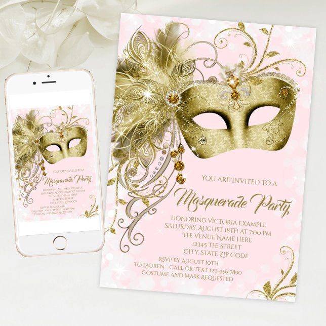 Convites Festa de Máscaras Rosa Dourado Elegante (Pink and gold masquerade party invitation with elegant gold jewel mask. For download and print.)