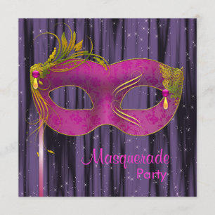 Convites Festa de Máscaras Rosa Quente Preto Roxo