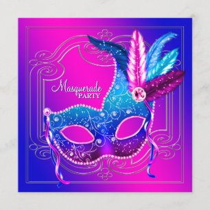 Convites Festa de Máscaras Rosa Quente Roxo Azul Turquesa