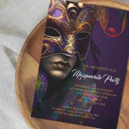 Convites Festa de Máscaras Roxa e Dourada com Máscara Vibra