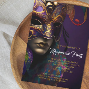 Convites Festa de Máscaras Roxa e Dourada com Máscara Vibra