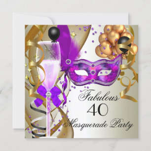 Convites Festa de Máscaras Roxo Dourado Cremoso Preto Fabul