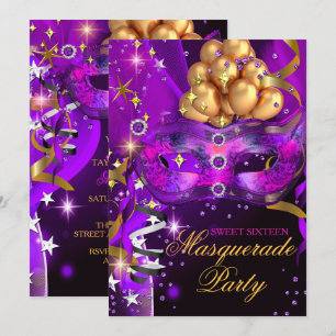 Convites Festa de Máscaras Roxo Dourado Preto Sweet Sixteen