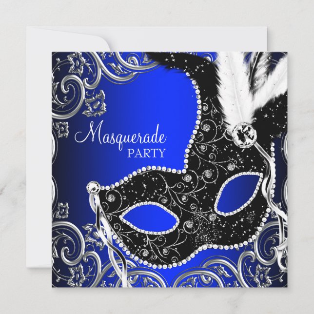 Convites Festa de Máscaras Royal Blue Black Mask (Frente)