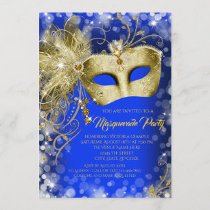 Convites Festa de Máscaras Royal Blue Gold Glitter